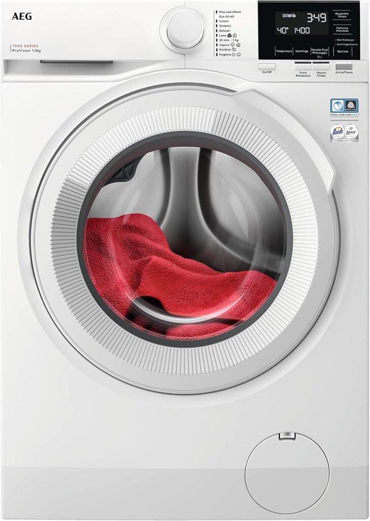 AEG LR7G84BW Lavatrice a carica frontale Serie 7000 con PreciseWash con cesto Care Drum, 8 kg, Classe A, Bianco [Classe di efficienza energetica A]