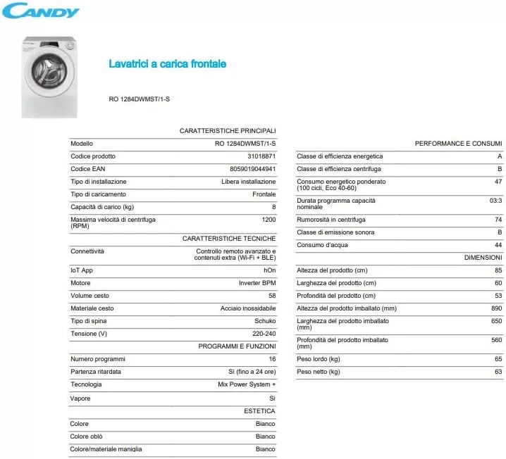 Candy RapidÓ RO 1284DWMST/1-S Lavatrice, 8 Kg, 1200 Giri, Wi-Fi + BLE, Connesso, Opzione Vapore, Cicli Rapidi, Classe A, 60x53x85 cm, Bianco