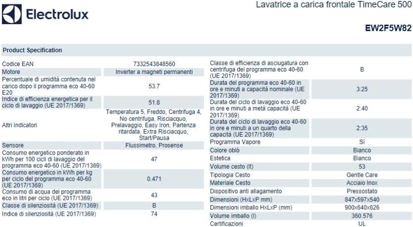 Electrolux Lavatrice EW2F5W82 TimeCare 500 a carica frontale con funzione TimeManager e cestello per la pulizia delicata, 8 kg, classe A, Bianco (classe di efficienza energetica A)