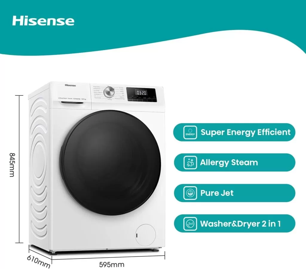 Hisense WDQA9014EVJM Lavasciuga 9+6 Kg, 1400 rpm, 15 Programmi automatici, Vapore, Motore Inverter, Classe Efficienza energetica D, Classe Efficienza Lavaggio A, Display LED, Programma Rapido