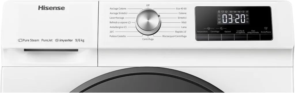 Hisense WDQA9014EVJM Lavasciuga 9+6 Kg, 1400 rpm, 15 Programmi automatici, Vapore, Motore Inverter, Classe Efficienza energetica D, Classe Efficienza Lavaggio A, Display LED, Programma Rapido