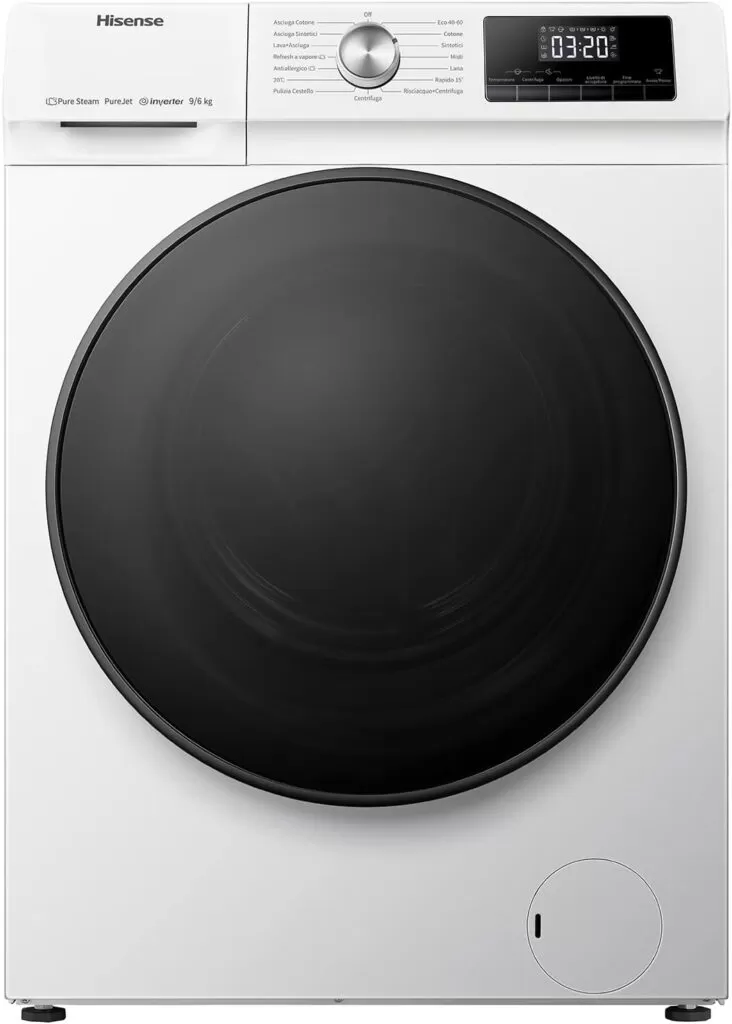 Hisense WDQA9014EVJM Lavasciuga 9+6 Kg, 1400 rpm, 15 Programmi automatici, Vapore, Motore Inverter, Classe Efficienza energetica D, Classe Efficienza Lavaggio A, Display LED, Programma Rapido