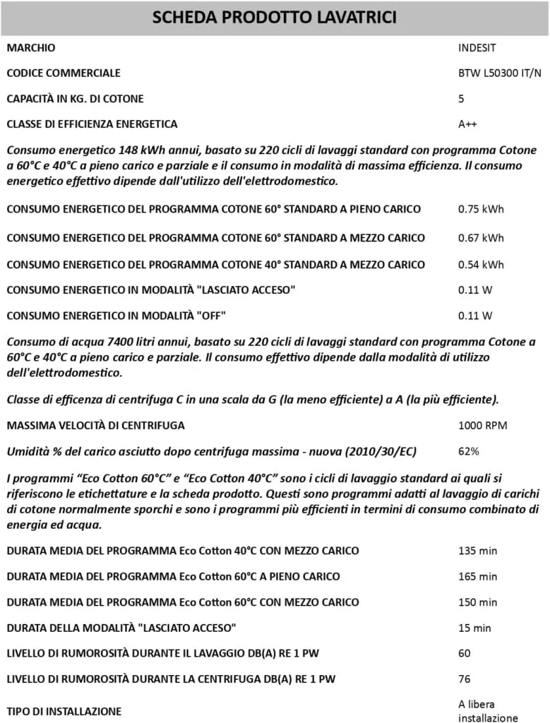 Indesit BTW L50300 IT/N - Lavatrice carica dall’alto 5kg Libera Installazione. Centrifuga 1200 Giri Al Minuto. Larghezza 40,0cm, Profondità 60,0cm, Altezza 90,0cm, Classe Energetica D