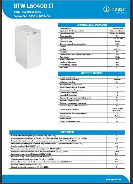 Indesit BTW L60400 IT Lavatrice Carica dallAlto 6 Kg Classe C 60 cm, 1000 rpm, Bianco