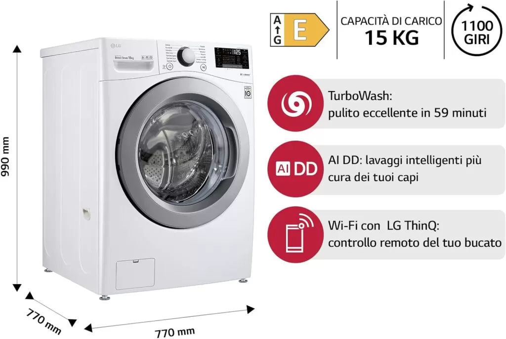 LG F1P1CN4WC Lavatrice a Carica Frontale Maxi Capacità 15kg, 1100 giri/min, Serie P1, AI DD, TurboWash, Wi-Fi, Smart Diagnosis, Motore Inverter Direct Drive, Libera installazione, Bianca