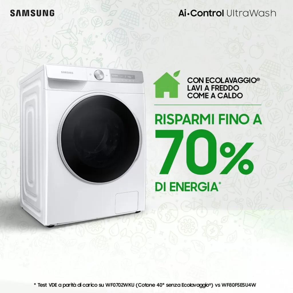 Samsung Lavatrice Ai Control UltraWash WW90T734DWH/S3, Libera Installazione, 9 kg, 1400 RPM, Classe A, WiFi, Vapore, Carica Frontale, 60l x 85h x 60p cm