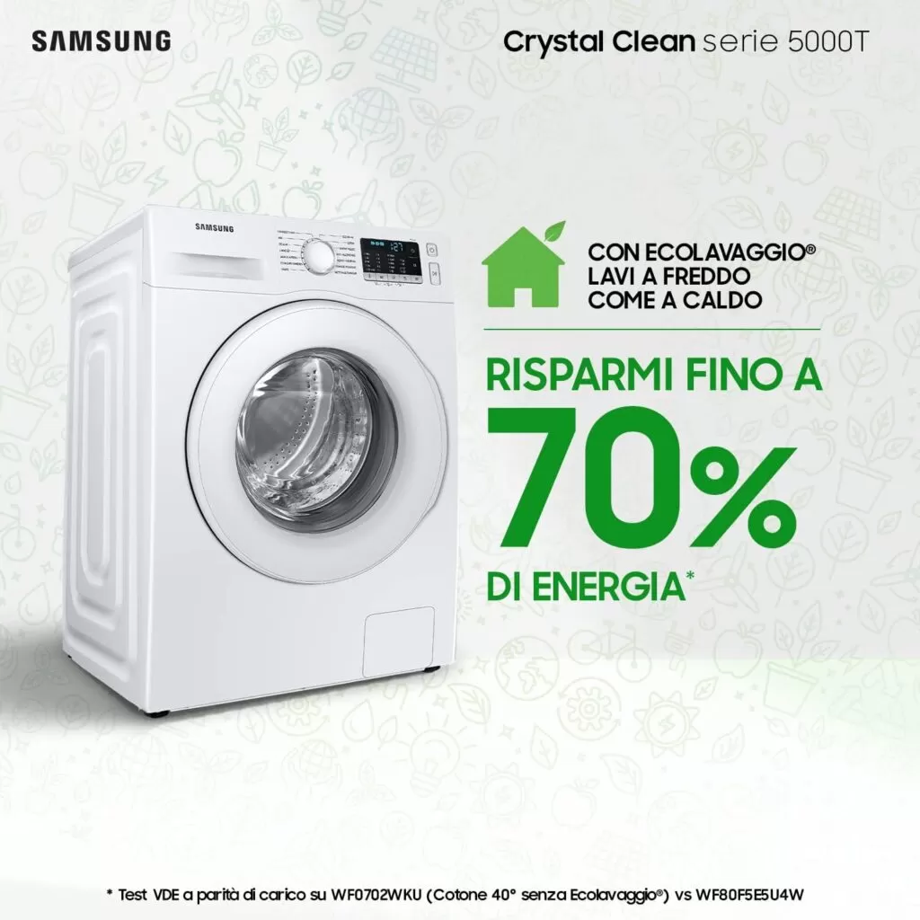 Samsung Lavatrice Crystal Clean WW90TA046TT/ET Libera Installazione, 9 Kg, 1400 RPM, Classe A, Ecobubble, Vapore, Carica Frontale, 60l x 85h x 55p cm