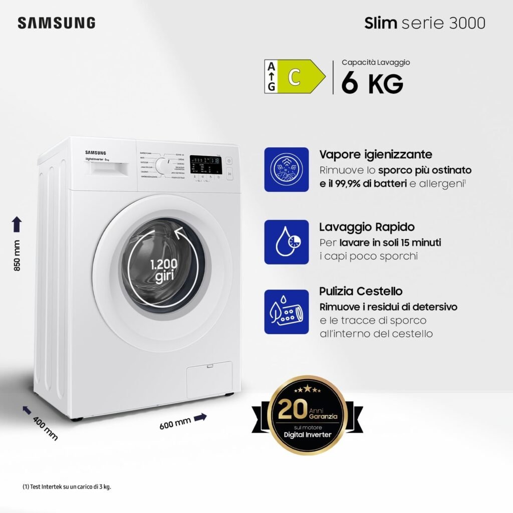 Samsung Lavatrice Slim WW60A3120WE/ET Libera Installazione, 6 Kg, 1200 RPM, Classe C, Vapore, Carica Frontale, 60l x 85h x 40p cm