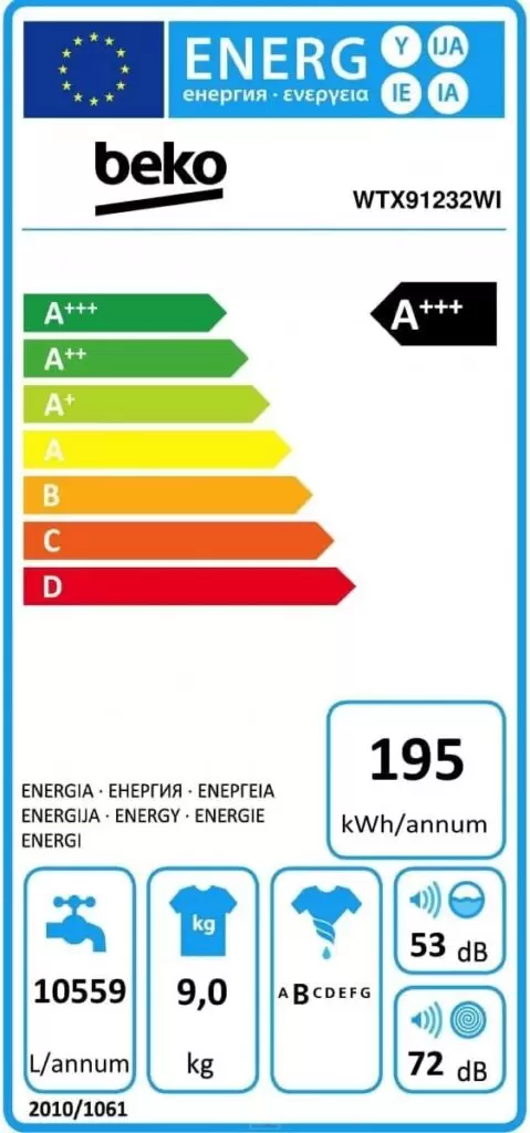 Beko Lavatrice Carica frontale 9 Kg Classe A+++ 60 cm 1200 Giri - WTX91232WI [Classe di efficienza energetica B]