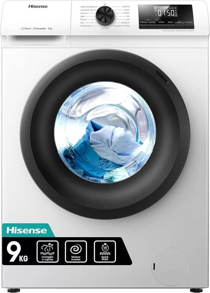 Hisense WFQP9014EVM - Lavatrice a Carica Frontale 9 Kg, 1200 rpm, Classe C, 15 Programmi, Vapore, Display LED, Programma Rapido, Partenza Ritardata, Child Lock [Classe di efficienza energetica C]