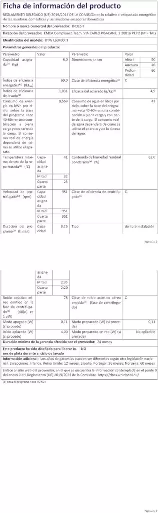 Indesit Lavatrice Carica dallAlto 6 Kg, ‎BTW L60300 IT, classe D           [Classe di efficienza energetica D]