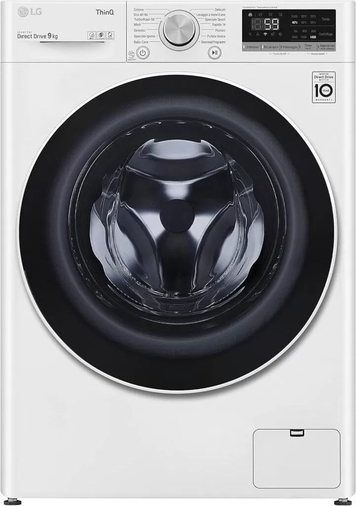 LG F4WV509N0E Lavatrice a Carica Frontale 9 Kg, 1400 Giri/min, Wi-Fi, Intelligenza Artificiale AI DD, Turbo Wash, Motore Inverter Direct Drive, Oblò in Vetro Temperato, 60x85x56.5 cm - Bianco [Classe di efficienza energetica B]