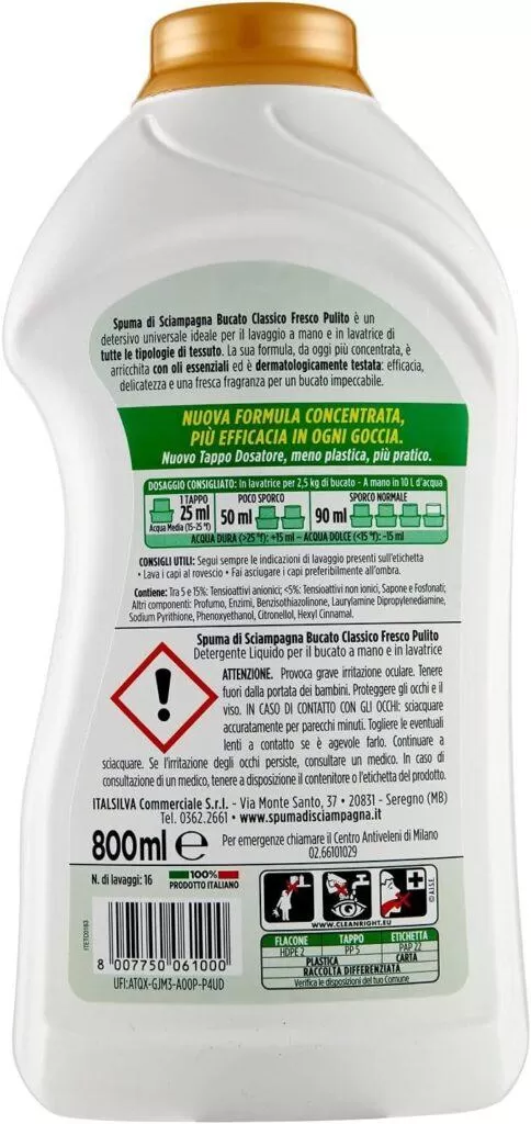 Spuma Di Sciampagna Detersivo per Bucato Liquido Fresco Pulito 16 Lavaggi - 800 ml